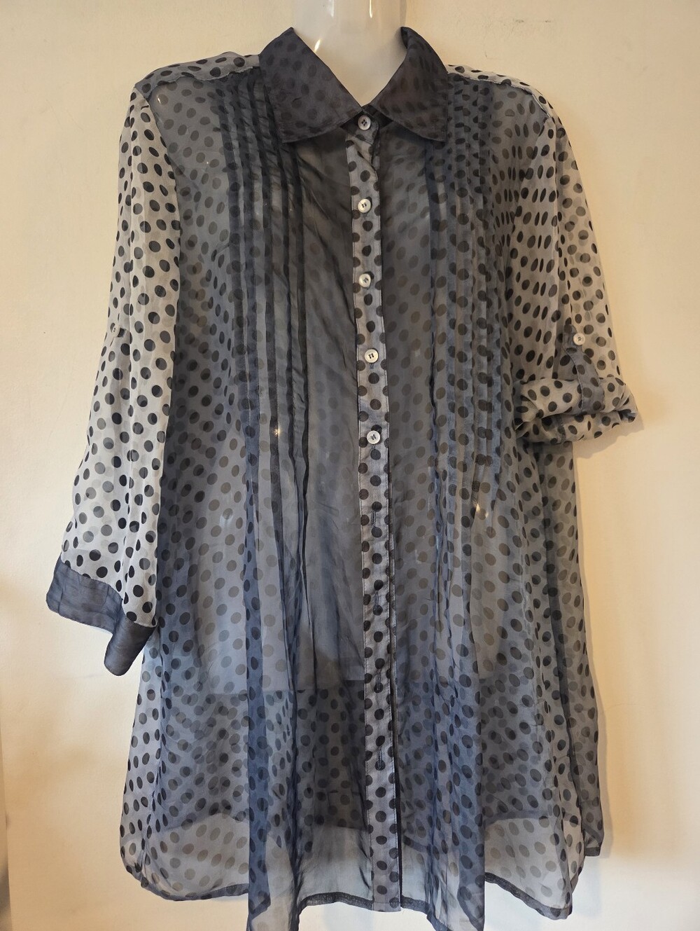 Puli Vintage Semi Sheer Polka Dot Button-Front Tunic Blouse